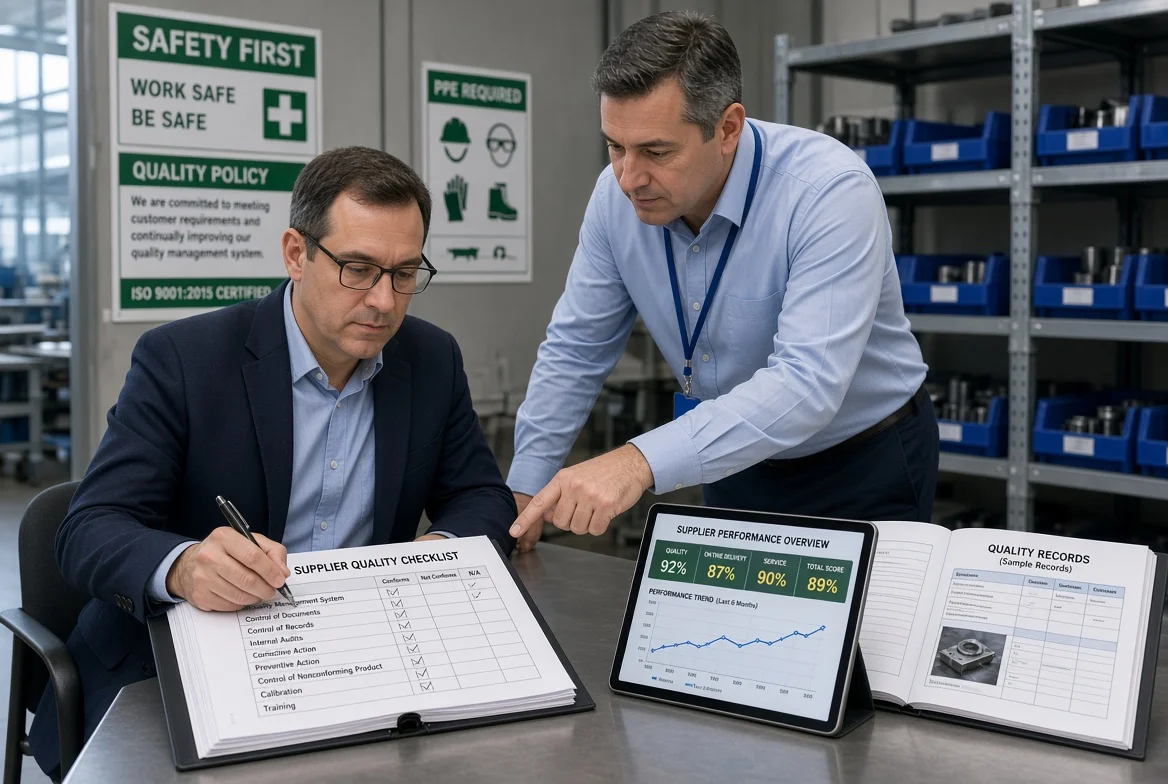 Professional buyer and supplier discussing documentation and checklist during structured supplier assessment on factory floor, illustrating difference between supplier audit and evaluation processes
