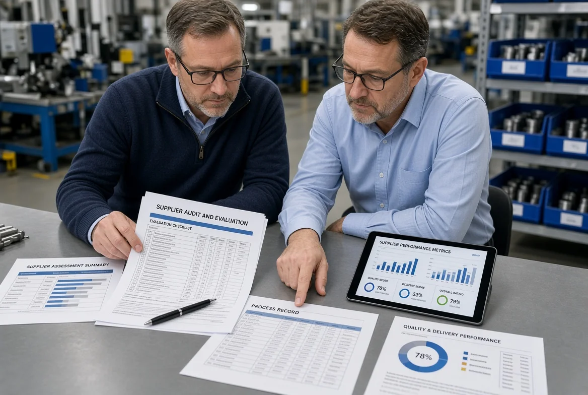 Sourcing manager and supplier representative reviewing formal checklists, quality records and digital performance data at industrial table during structured supplier audit or evaluation process for B2B procurement risk management