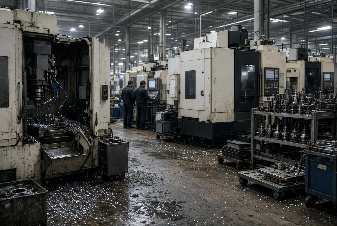 Procurement engineer reviewing CNC machines and injection molding presses on a supplier factory floor during a technical capability evaluation