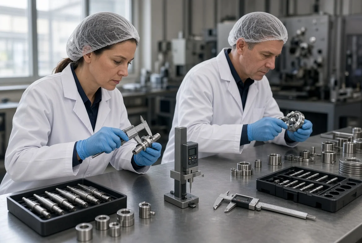Quality inspectors checking machined parts with gauges and testing equipment at an in-process quality control station in a manufacturing plant