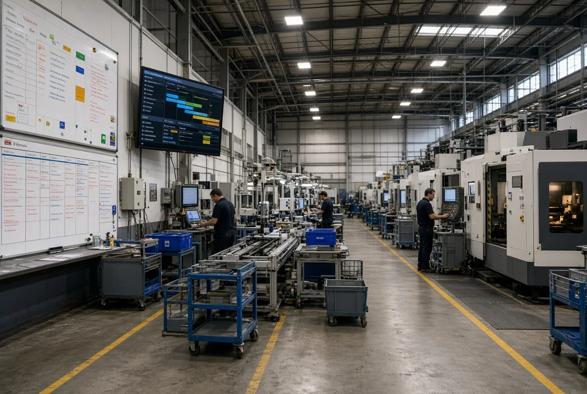 Manufacturing production floor with running assembly lines and planning boards used to assess supplier capacity and production scheduling