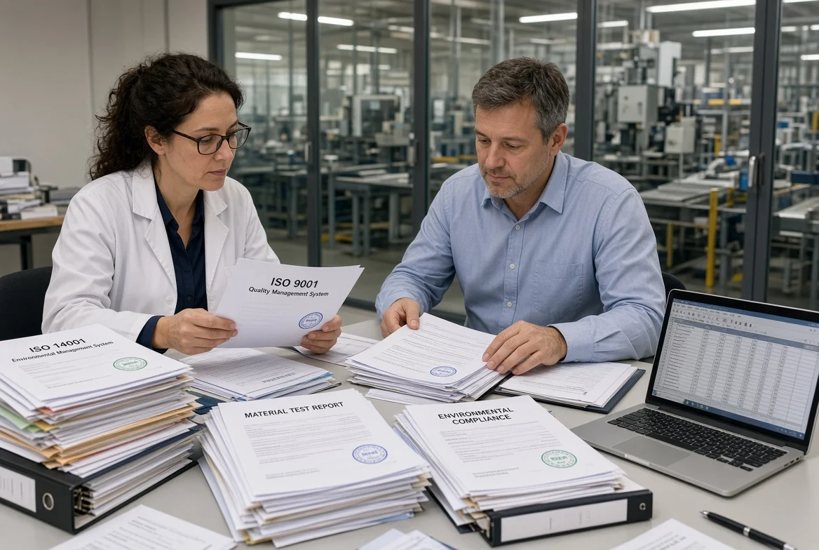 Procurement and quality staff reviewing ISO certificates, material compliance reports, and environmental documentation during supplier evaluation