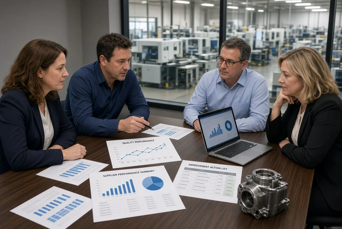 Procurement manager and supplier quality engineer reviewing performance data and improvement actions with a supplier team in a factory meeting room