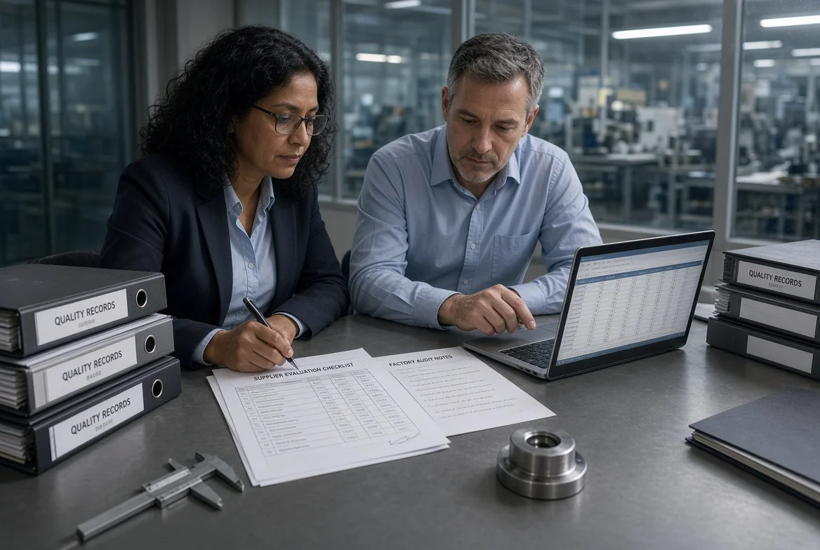 Procurement manager and supplier quality engineer reviewing a supplier evaluation checklist, audit notes, and capability records in a factory meeting room before approving a supplier