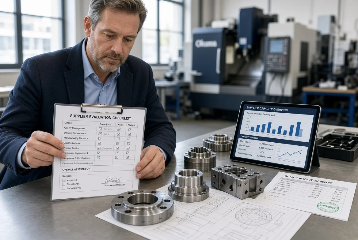 Sourcing professional examining detailed technical drawings, precision metal samples, and supplier equipment list on a workshop table during supplier evaluation