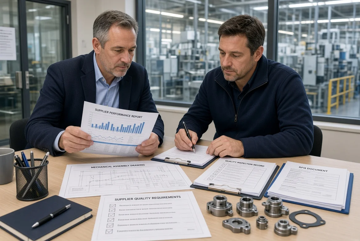 Procurement manager and quality engineer examining supplier performance reports, inspection records, RFQ documents and product samples on a conference table during professional supplier evaluation
