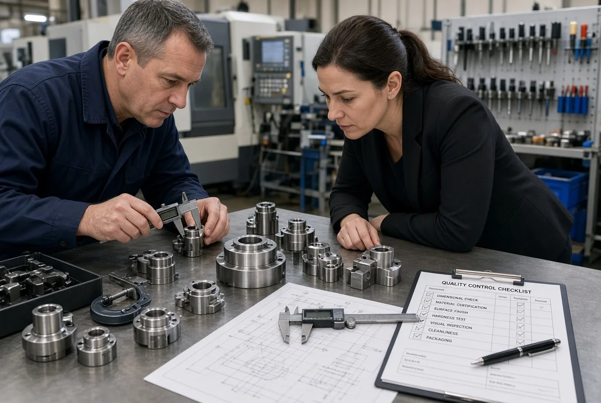 Buyer and quality engineer measuring precision machined parts and reviewing technical drawings at a workbench inside a clean factory during supplier capability assessment