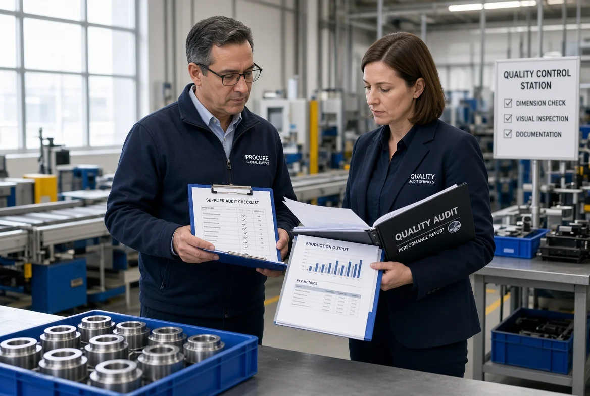 Procurement specialist and auditor reviewing production records and finished goods quality during an on-site supplier evaluation walkthrough in a manufacturing plant