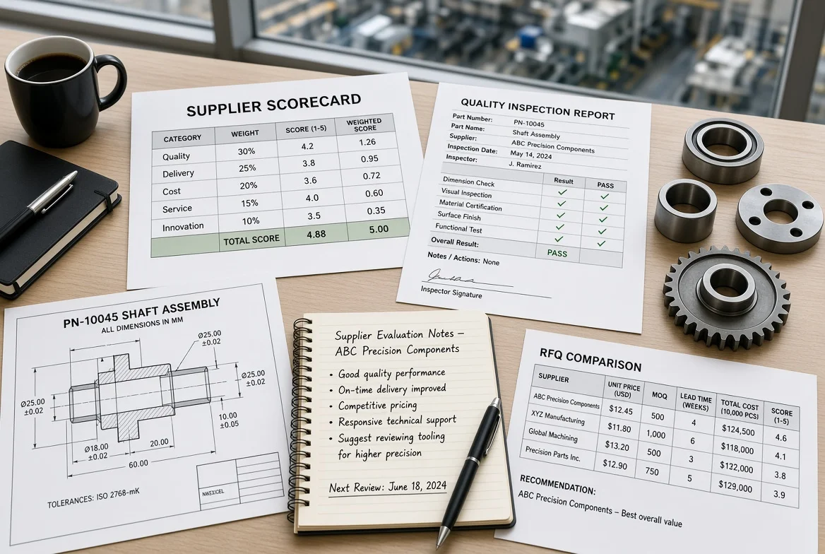 Overhead view of procurement desk displaying supplier scorecard, quality inspection reports, industrial product samples, technical drawings and RFQ documents illustrating modern supplier evaluation in B2B sourcing