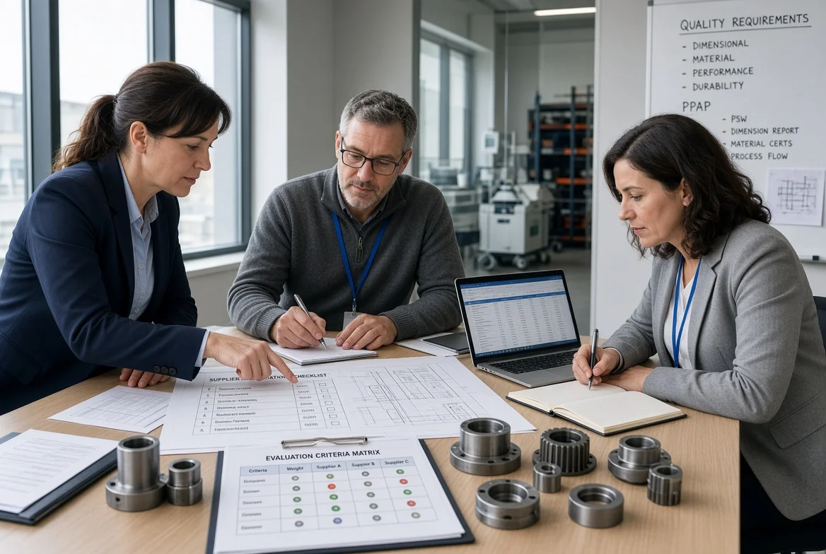 Cross-functional procurement and quality team reviewing technical drawings and evaluation criteria matrix on documents and laptop in a modern office during the first step of the supplier evaluation process