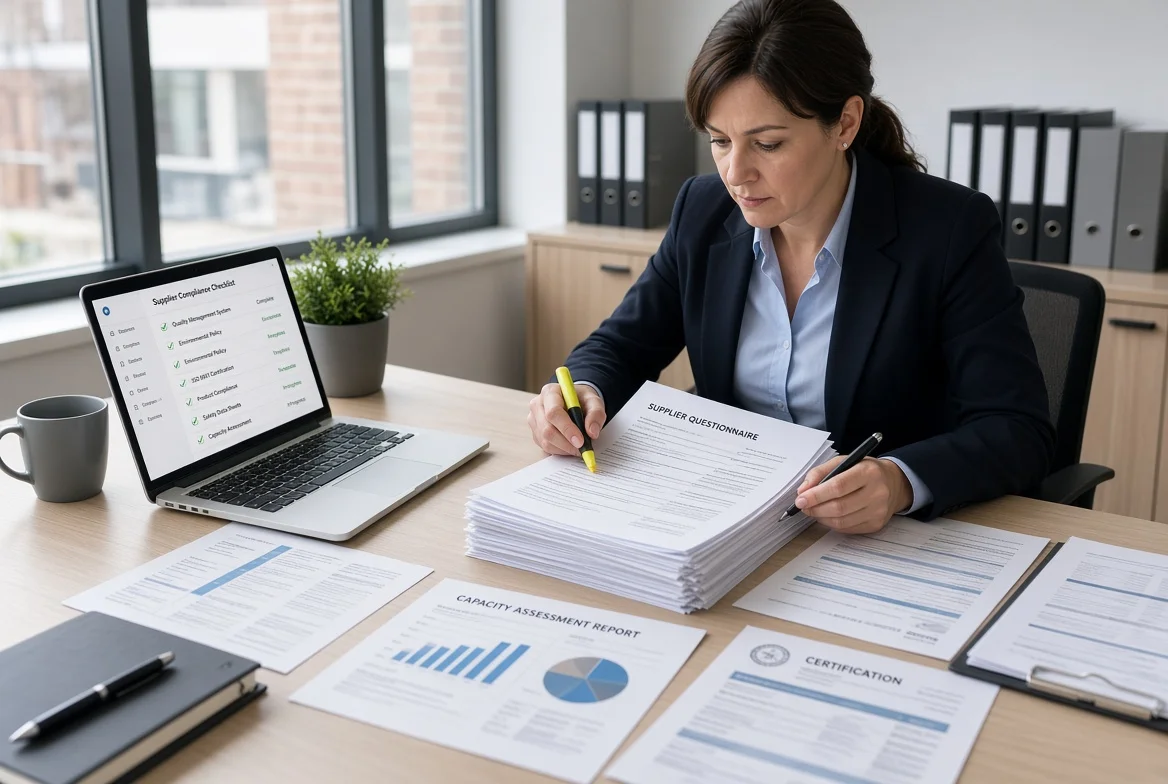 Procurement professional examining supplier questionnaires, quality certificates, test reports and capacity information on a desk as part of collecting documentation in the supplier evaluation process