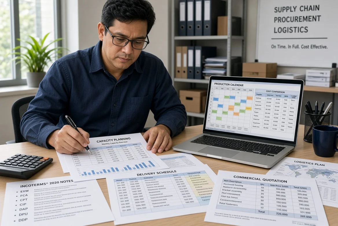 Procurement specialist reviewing production capacity plans, logistics schedules and commercial quotations to evaluate delivery reliability and cost structure in supplier assessment