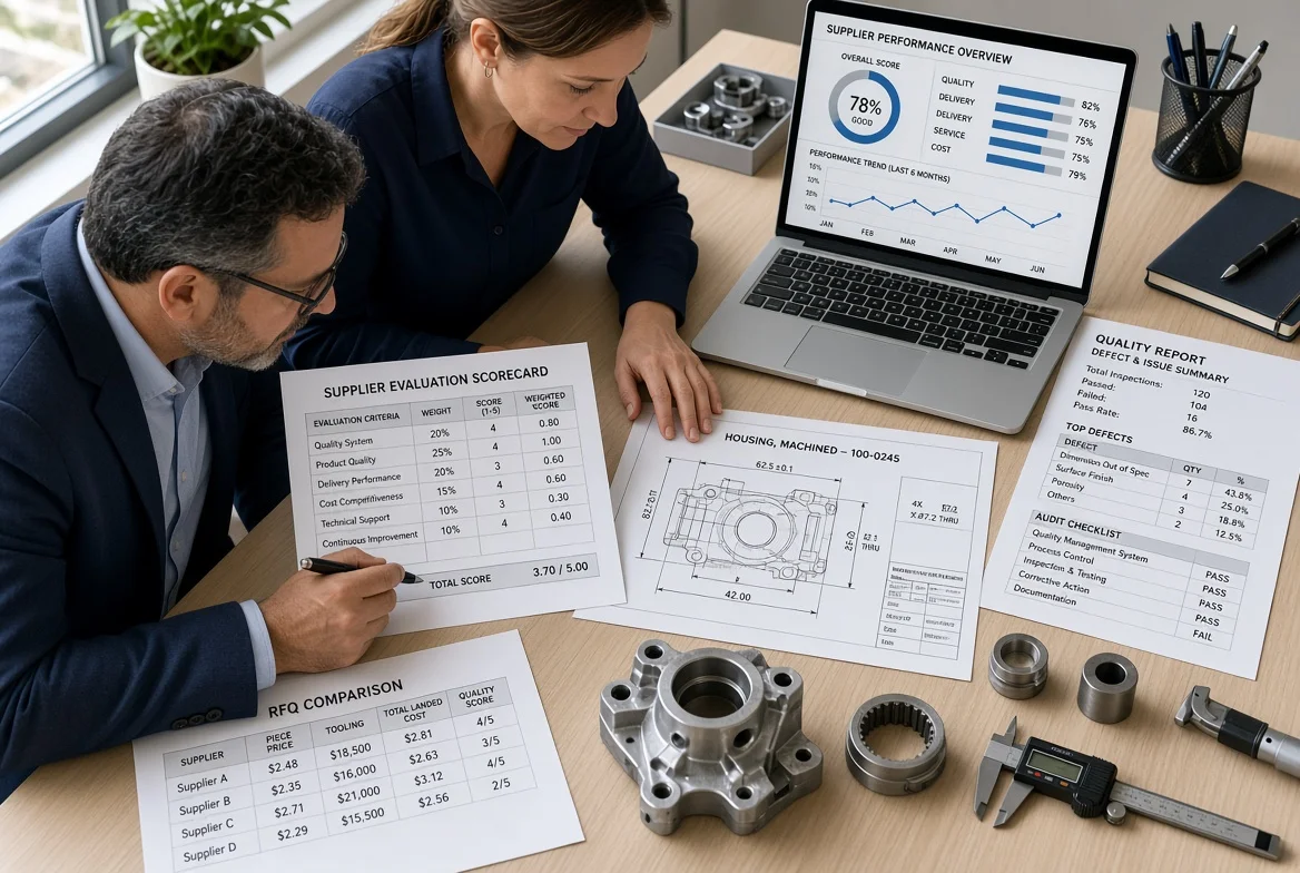 Procurement manager and quality engineer examining supplier scorecard, technical drawings, product samples and audit checklist on a professional desk – illustrating the complete supplier evaluation process for B2B sourcing decisions