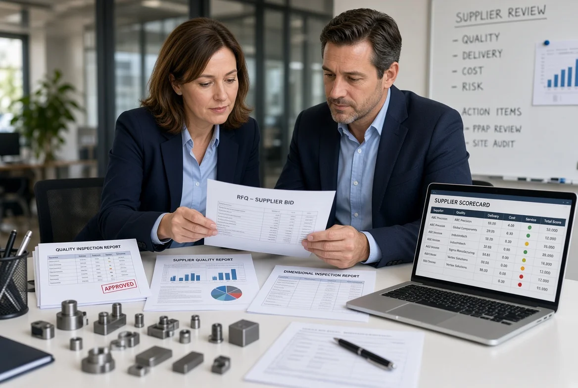 Two procurement and quality professionals examining RFQ documents, inspection reports and product samples on a desk with supplier scorecard data visible on laptop during supplier evaluation review
