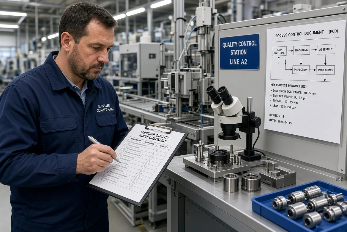 Supplier quality engineer and buyer measuring precision machined components with calipers beside CNC equipment in manufacturing workshop during capability verification