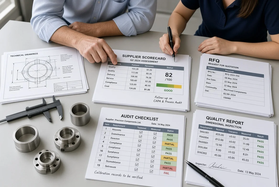 Quality auditor holding clipboard and checklist while reviewing production line and quality control station during on-site supplier evaluation and qualification audit