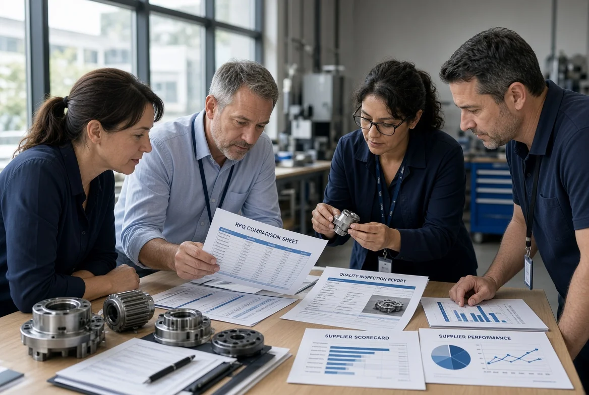 Professional procurement and quality team examining printed RFQ sheets, supplier scorecards, inspection reports and physical product samples on a desk during supplier evaluation for selection decisions