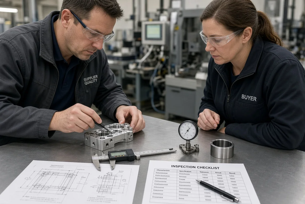 Supplier quality engineer and buyer measuring metal sample components at a quality control station with technical drawings and inspection checklist in a manufacturing facility