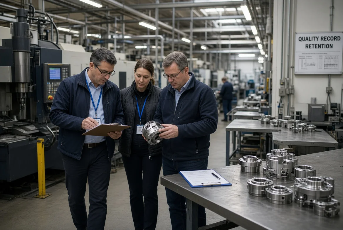 Procurement and quality professionals conducting a supplier site visit, checking process documents and finished components along a production line in an industrial manufacturing environment