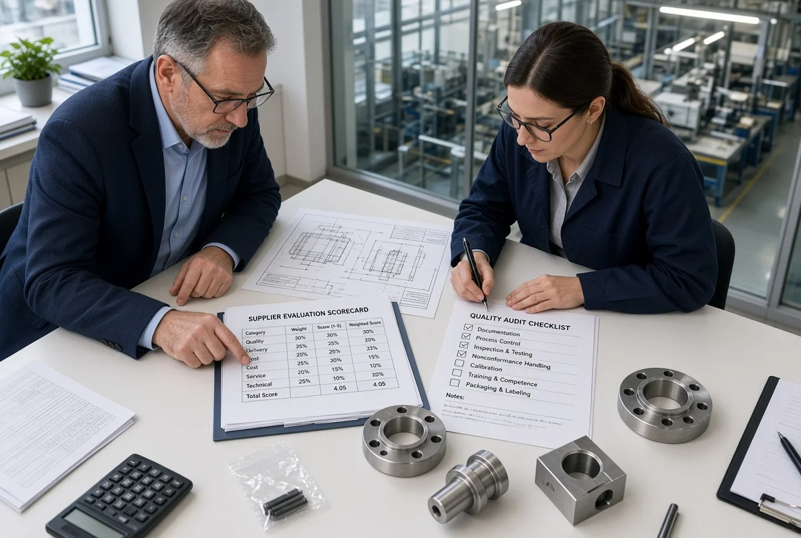 Overhead view of procurement professionals examining supplier scorecard, audit checklist, precision product samples and technical drawings on a workbench in a manufacturing environment illustrating supplier evaluation versus selection process