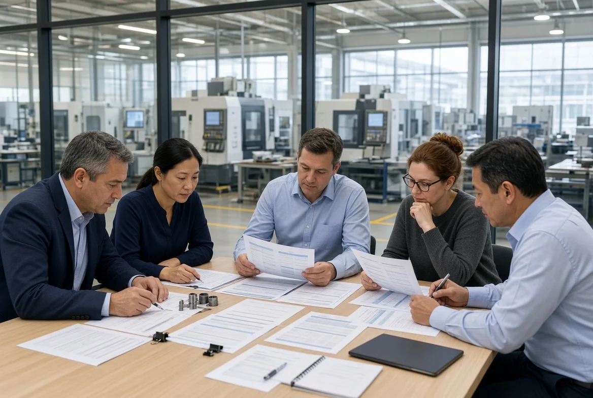 Procurement team reviewing supplier capability documents in factory meeting room Procurement and quality professionals examining supplier capability documents, quality records and assessment checklists on a conference table with manufacturing floor visible through glass, illustrating detailed capability assessment in the supplier qualification process