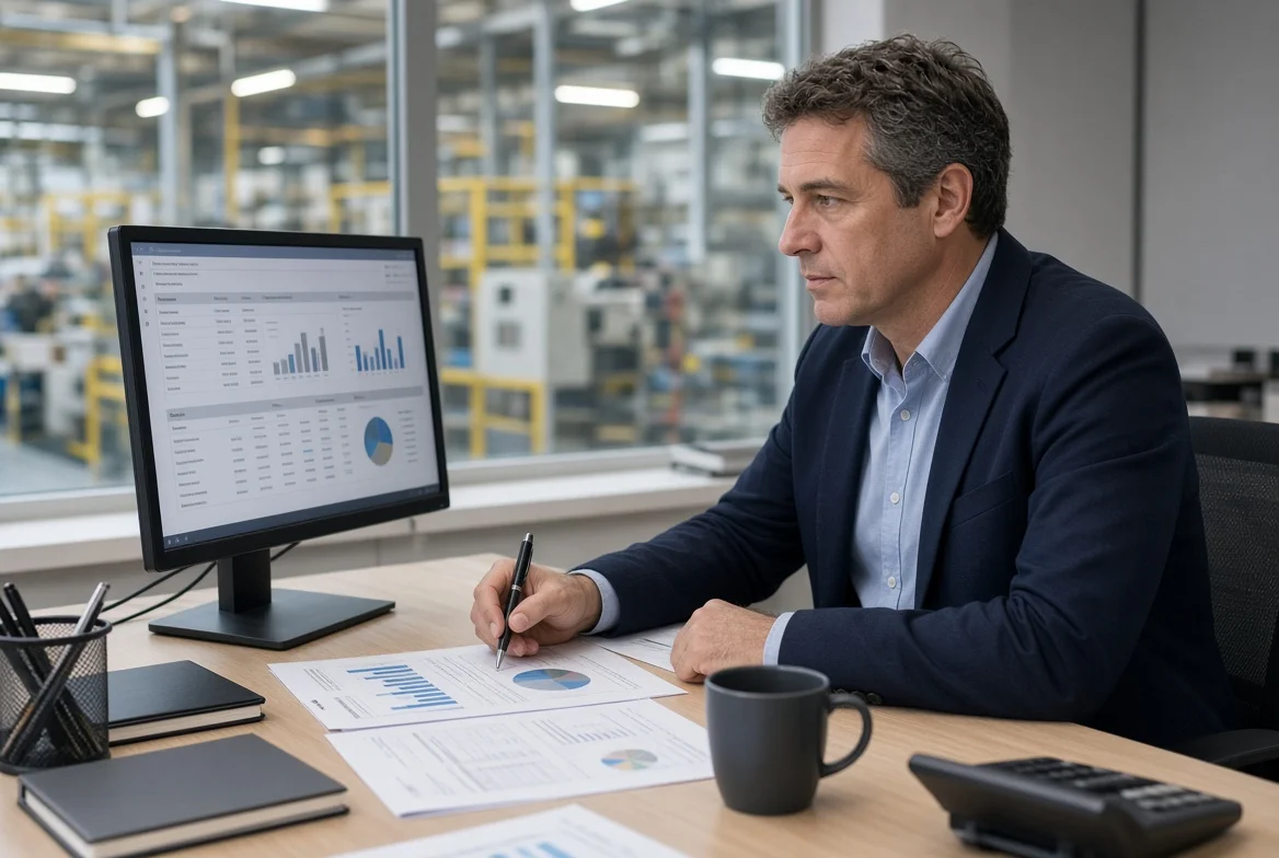 Procurement manager reviewing supplier performance scorecards and quality reports Procurement professional analyzing supplier performance scorecards, quality dashboards and reports at an industrial office desk with factory background, showing ongoing performance monitoring after supplier qualification