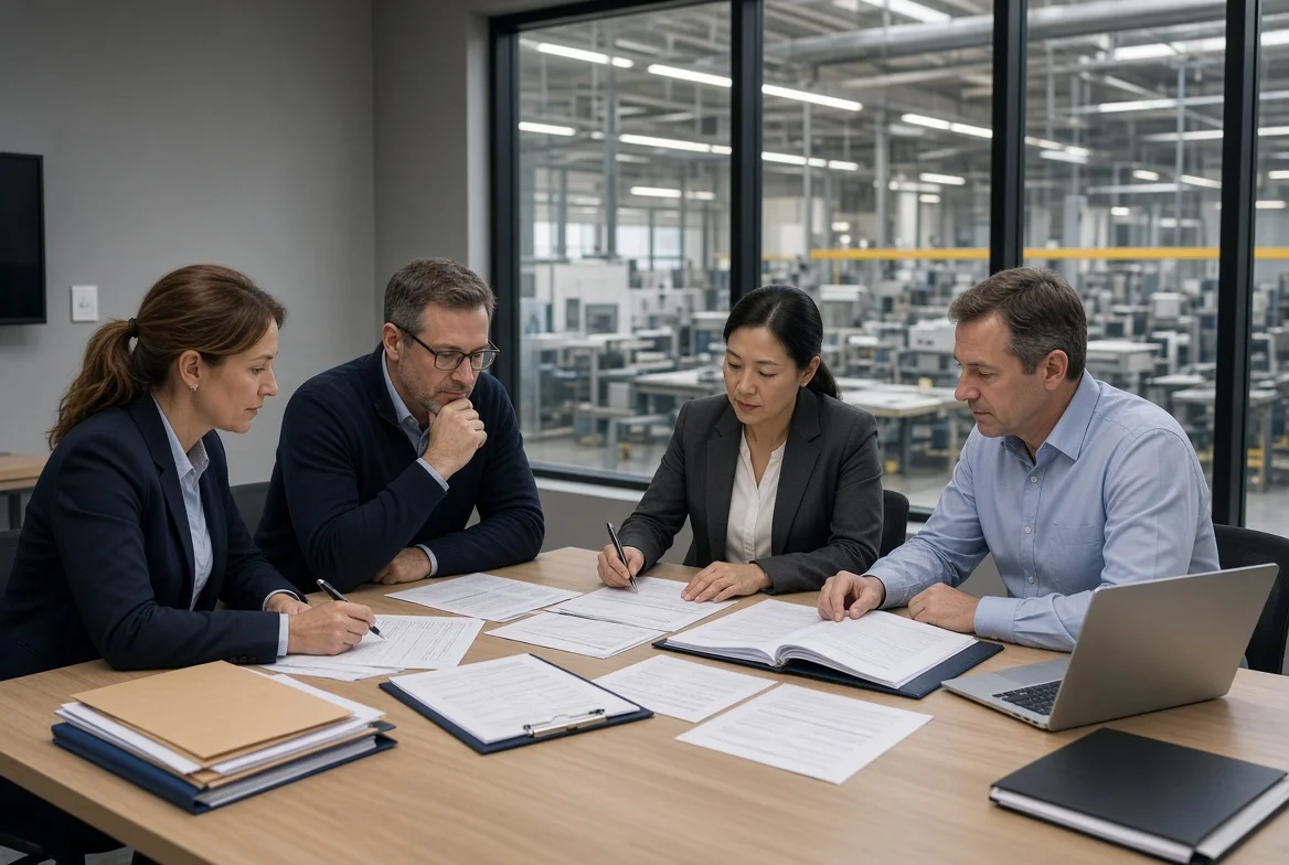 Professional procurement team examining supplier capability documents, quality records and structured qualification checklists in a modern factory meeting room with production floor visible, representing a practical supplier qualification process for procurement teams