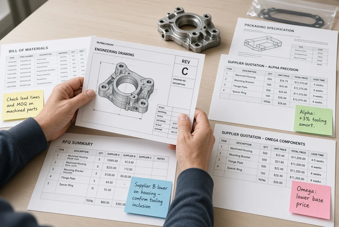 Procurement professionals comparing multiple supplier quotations against a structured checklist covering technical scope, unit price, quality, lead time, MOQ, tooling, delivery and risk in a manufacturing office setting