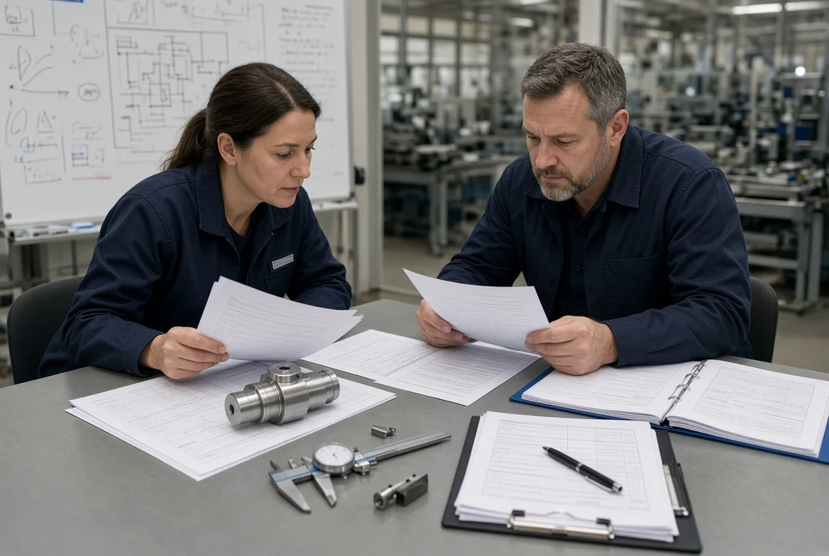 Procurement specialist reviewing engineering drawing revision, bill of materials, RFQ summary and side-by-side supplier quotations with product sample and packaging specification for accurate scope comparison