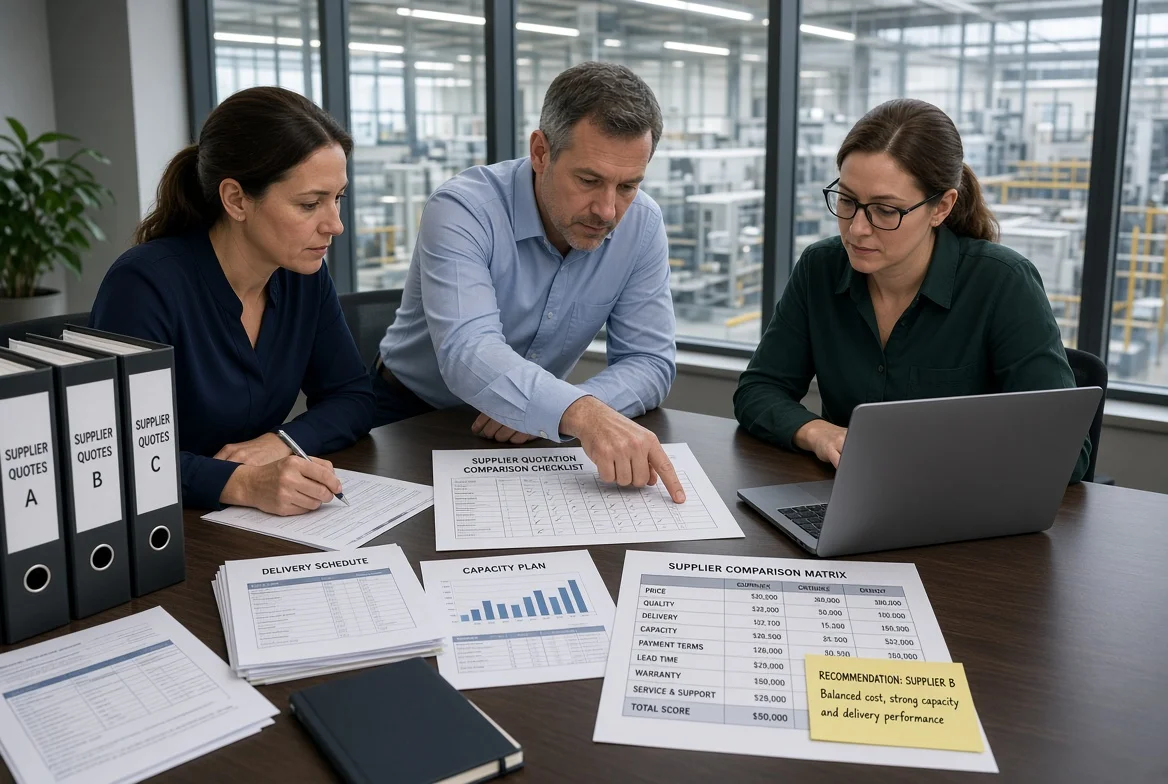 Quality engineer and procurement manager reviewing supplier inspection records, material certificates and first-article sample next to open quotation files in a factory meeting room
