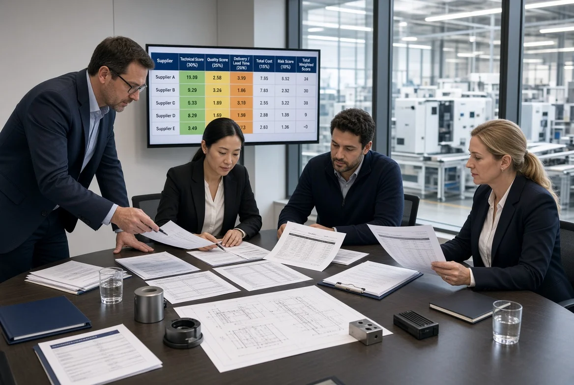 Procurement team finalising a supplier quotation comparison checklist and matrix with delivery schedules, capacity plans and sourcing recommendation notes on the conference table