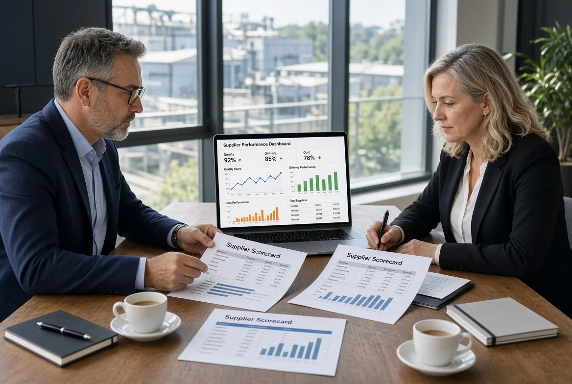 Two procurement professionals examining printed supplier scorecards and a laptop displaying quality, delivery and cost KPI charts during a supplier performance review meeting