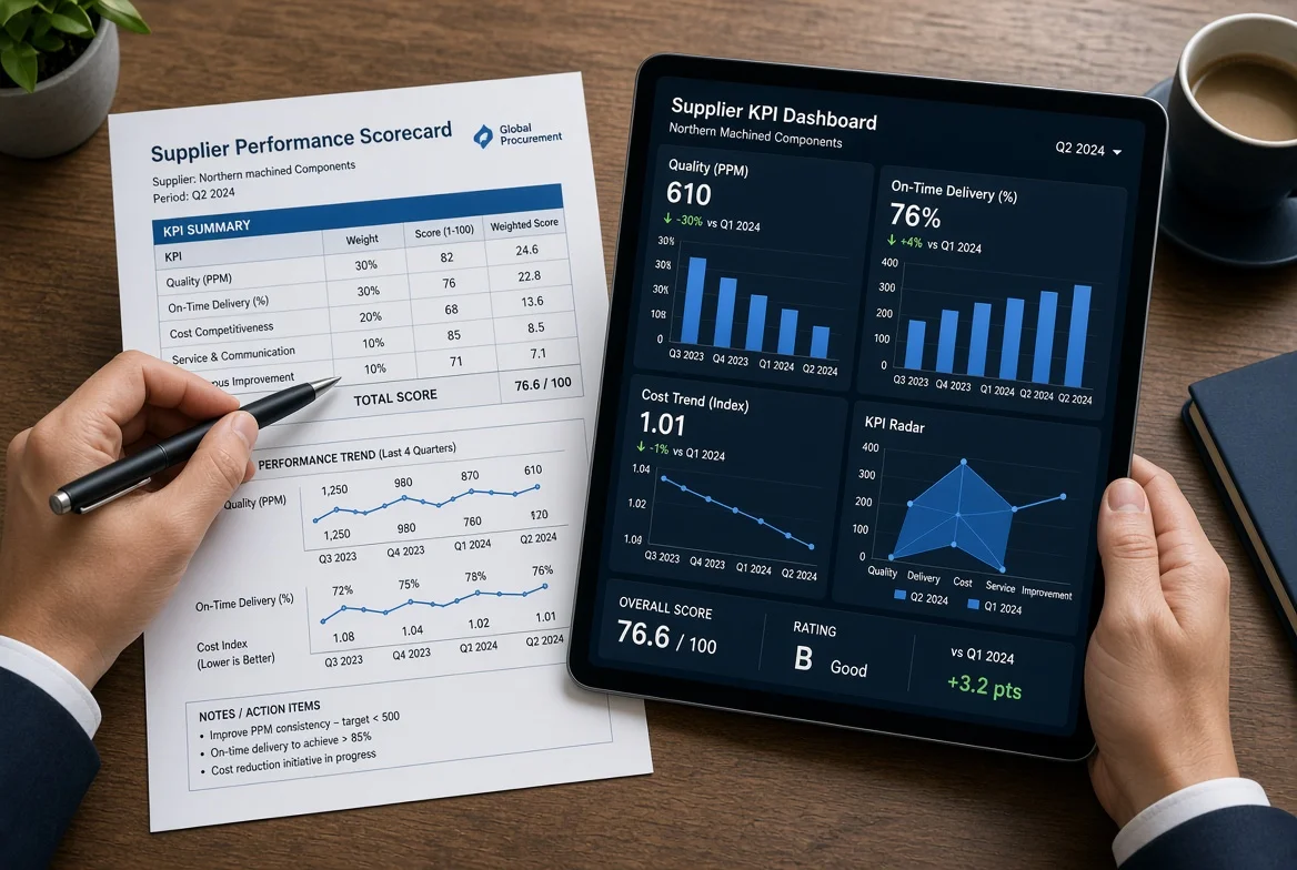 Hands holding a printed supplier performance scorecard with weighted KPI scores next to a tablet showing quality PPM, on-time delivery and overall rating charts for procurement analysis
