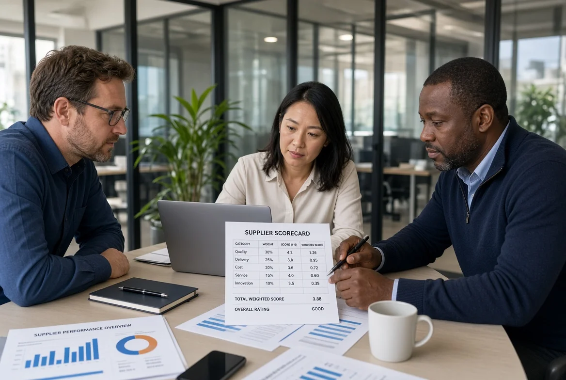 Three procurement and supply-chain professionals reviewing a printed supplier scorecard and performance documents around a conference table in a modern office