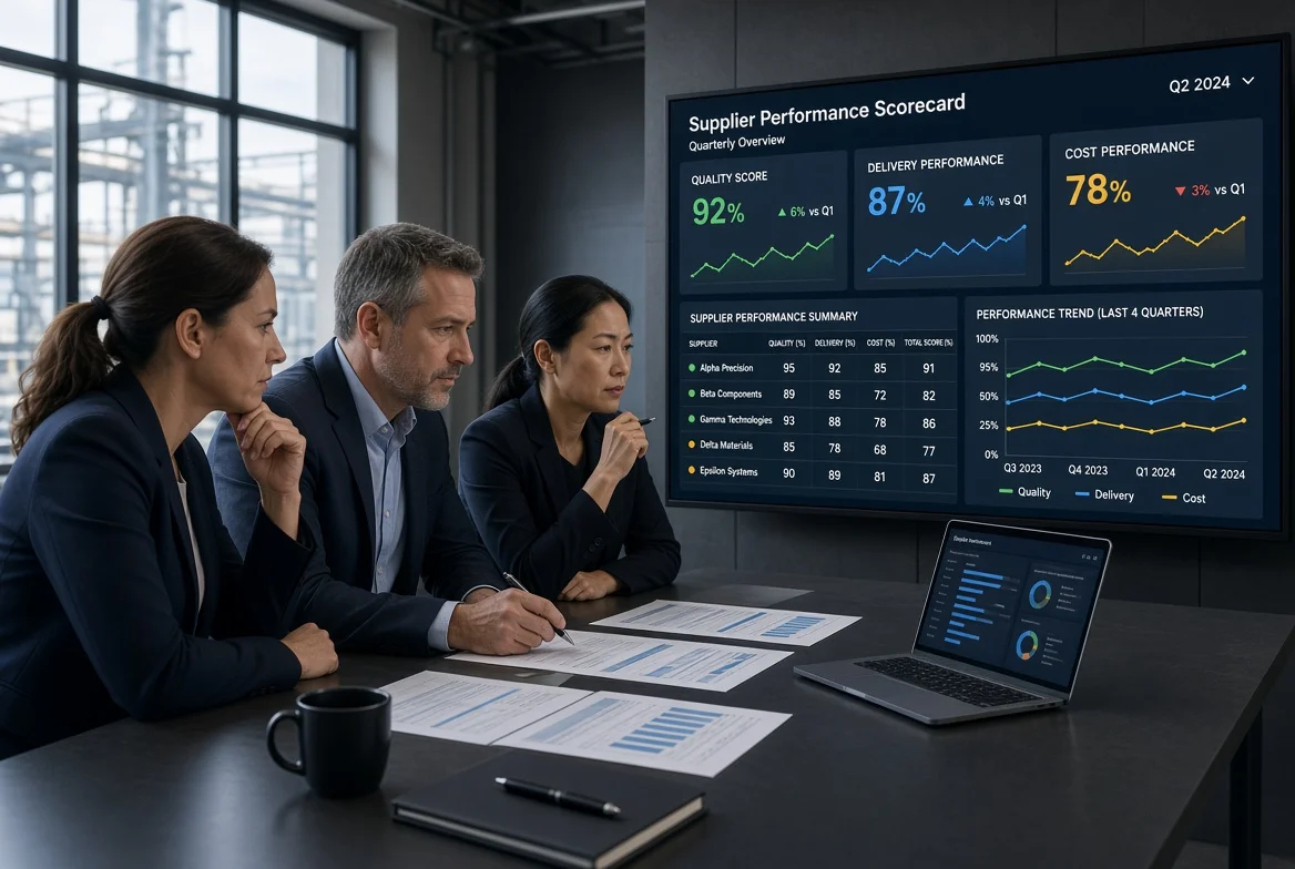 Three professionals in a modern office reviewing a large digital supplier performance scorecard showing quality, delivery and cost metrics for multiple suppliers during a quarterly performance meeting