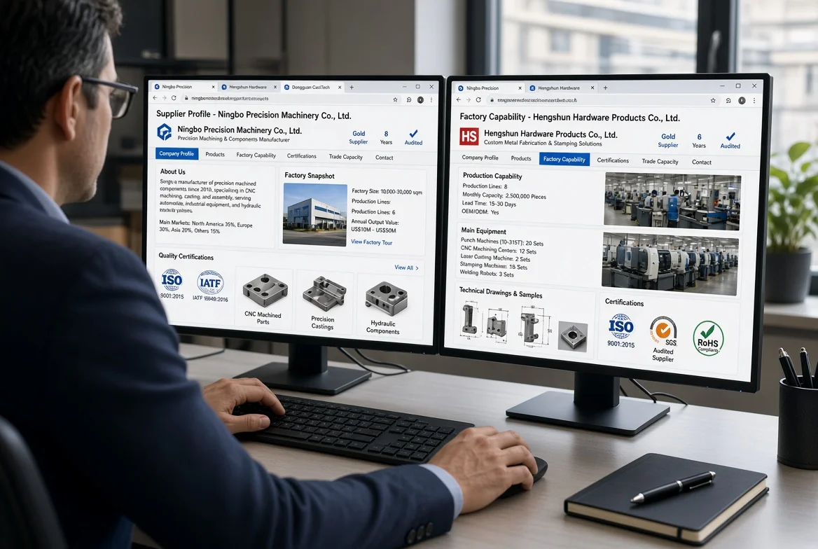 Sourcing manager at desk comparing online supplier profiles, product catalogs and factory capability pages on dual computer screens during supplier search on B2B platforms