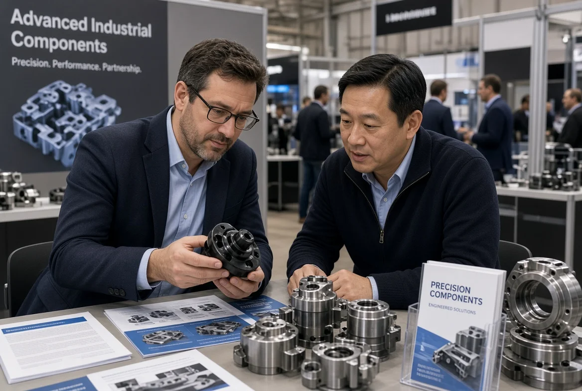Professional buyer discussing technical details and inspecting physical samples with supplier representative at a modern industrial trade show exhibition booth
