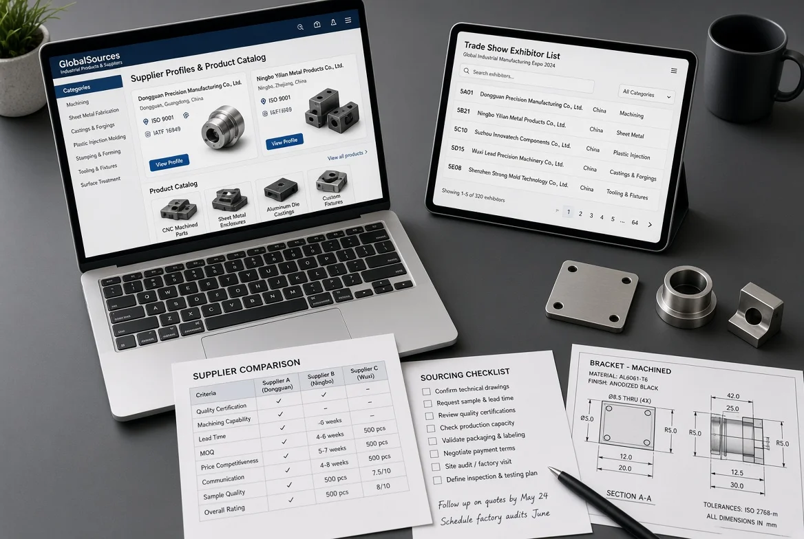 Overhead view of procurement workspace showing laptop with online supplier profiles, product samples, comparison checklist and trade-show materials illustrating effective supplier search methods for B2B buyers