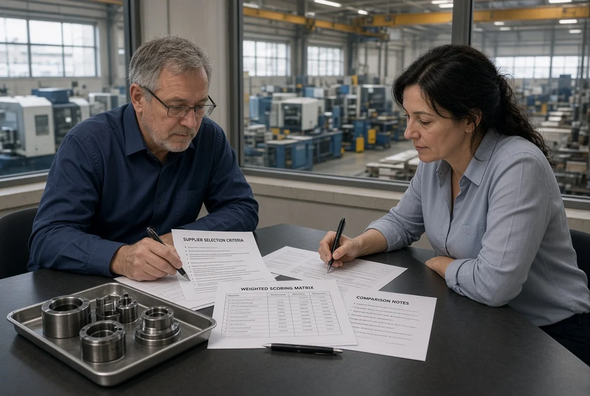 Supplier quality engineer and buyer inspect machined metal samples against a technical drawing beside a CNC machining cell during a manufacturing capability review.