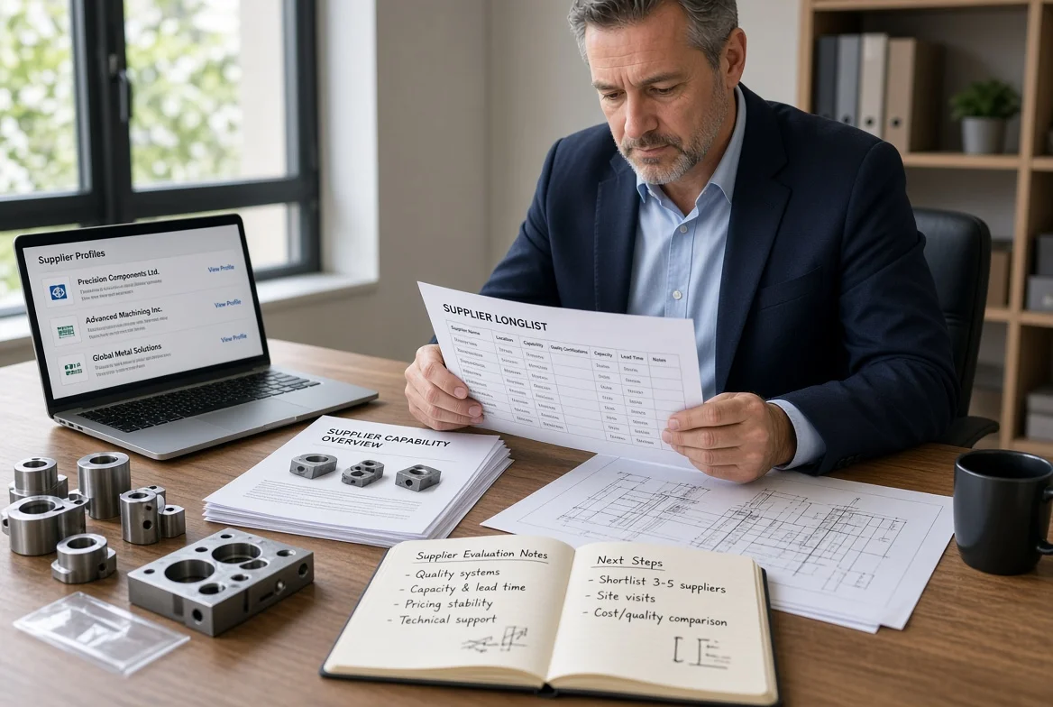 Professional buyer at desk examining printed supplier capability sheets, structured longlist table, metal component samples, technical drawings and laptop supplier profiles during supplier search stage of the sourcing process