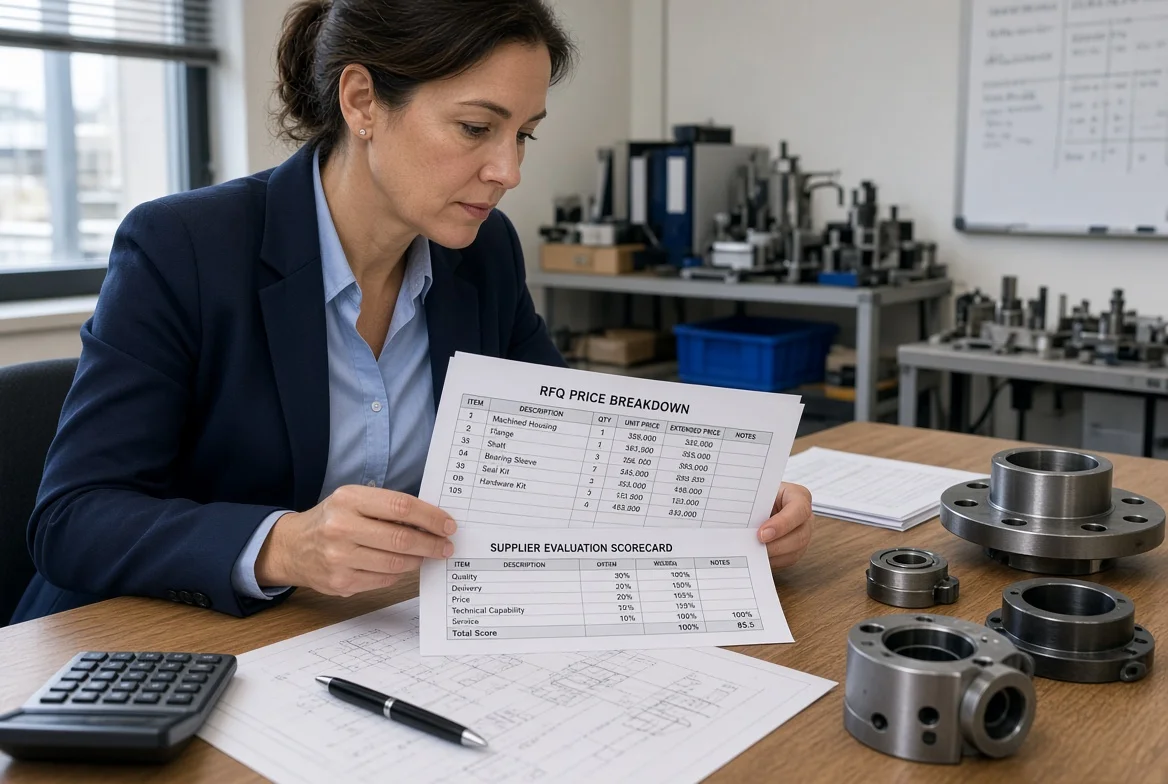 Procurement professional reviewing RFQ price breakdowns from two suppliers, weighted evaluation scorecard, metal samples, technical drawings and calculator for like-for-like quotation comparison