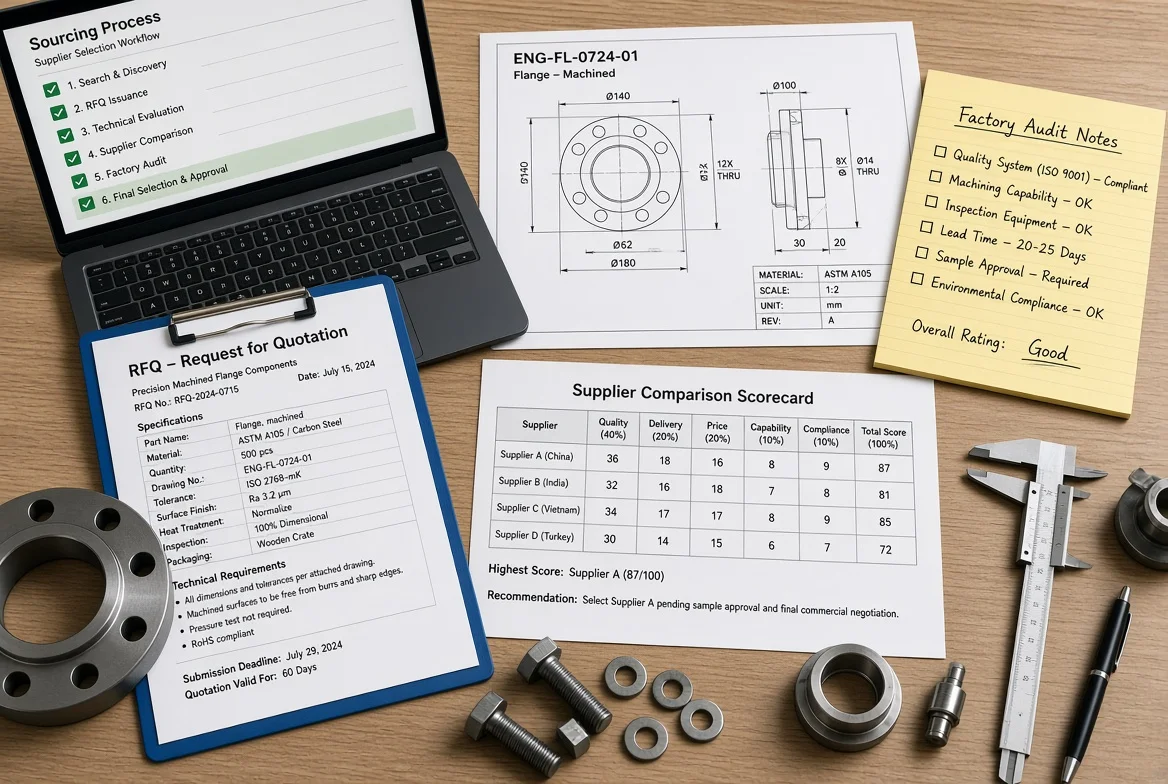 Realistic overhead view of procurement desk holding RFQ document, technical specification drawings, supplier comparison scorecard, factory audit notes, laptop displaying sourcing process checklist and precision metal components – illustrating the full supplier sourcing process from search to final selection