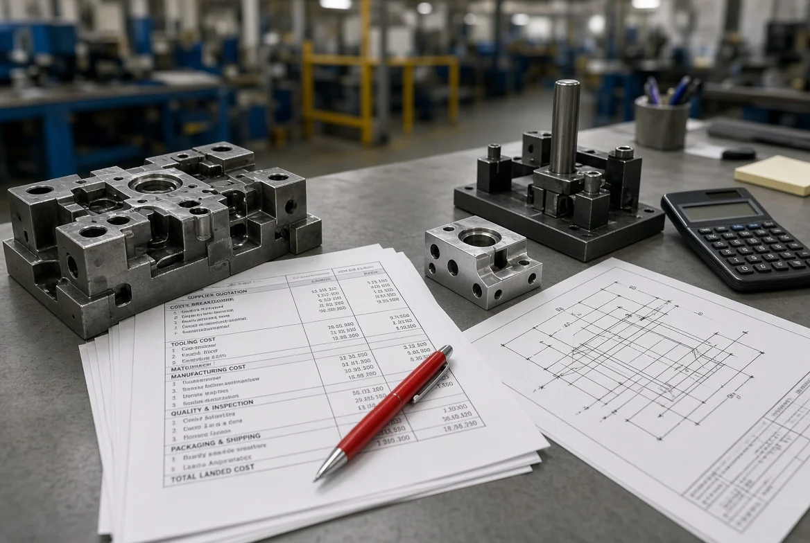 Procurement desk showing a manufacturing supplier quotation next to an injection mold, checking fixture, sample part, and technical drawing used to review tooling costs in supplier quotes