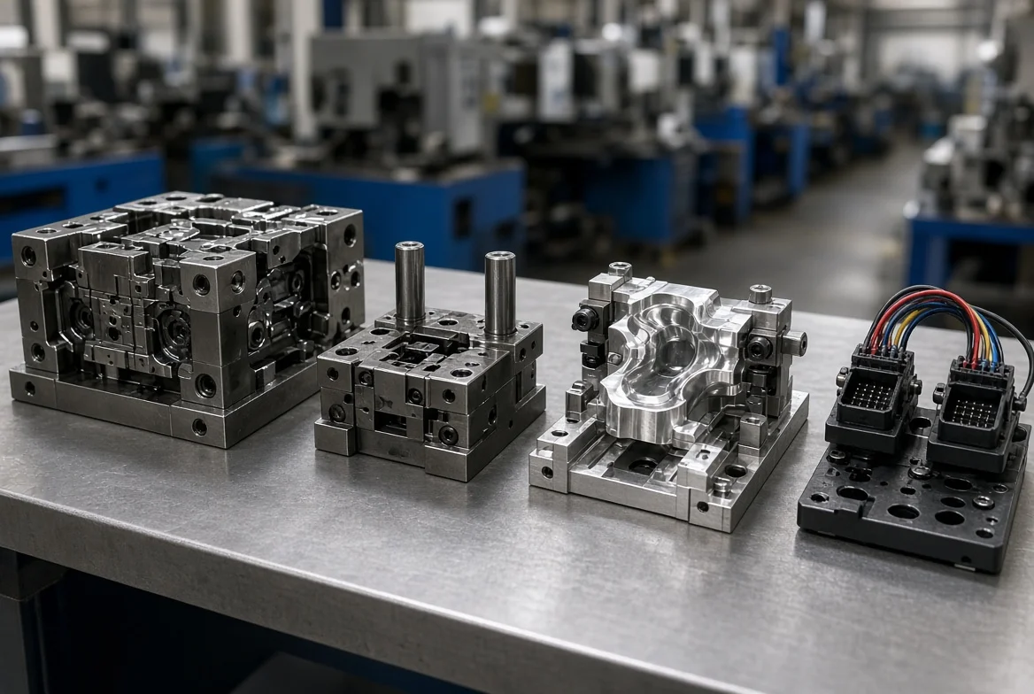 Injection mold, stamping die, CNC fixture, and cable test fixture displayed together to illustrate mold and die costs and other process tooling in a supplier quote