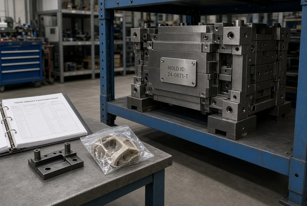 Steel injection mold on a tool rack with identification tag and ownership documents, showing tooling ownership, maintenance, and storage in manufacturing