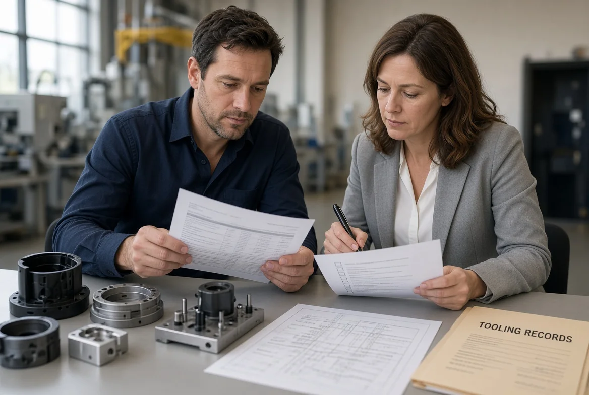 Procurement team reviewing a line-item supplier quotation, sample parts, and a final checklist for setup fees, hidden charges, and tooling scope before ordering