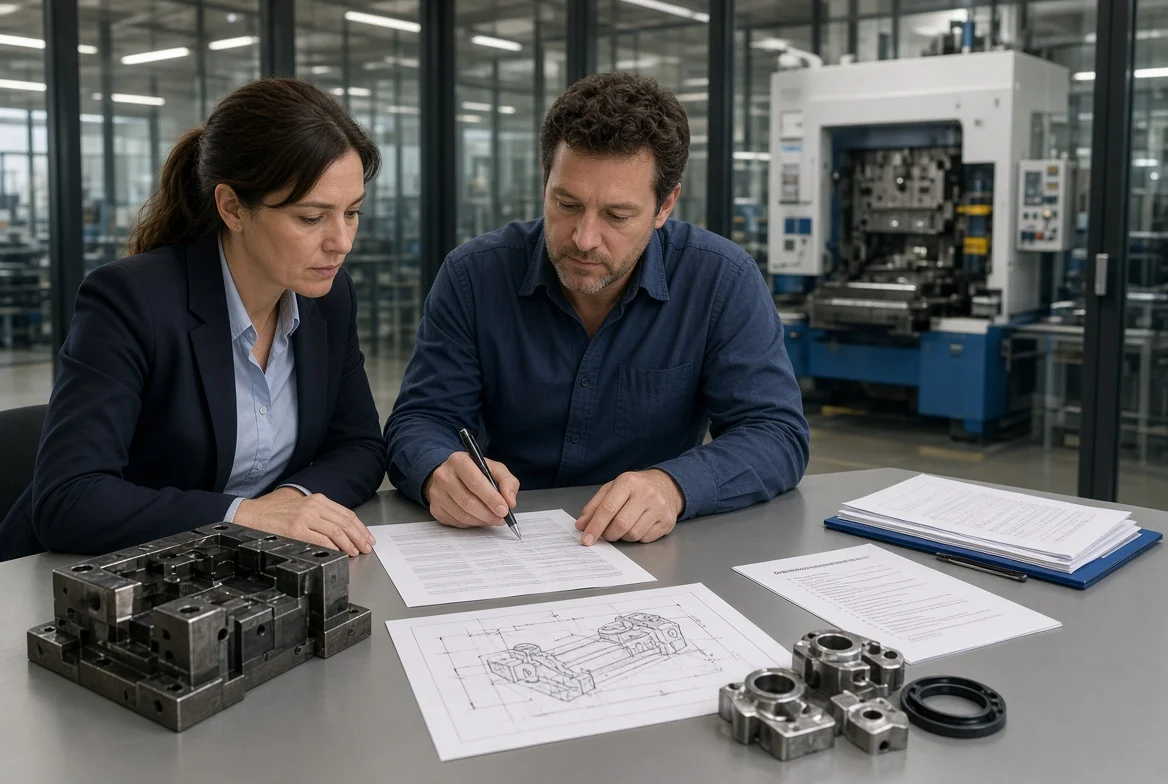 Procurement manager and manufacturing engineer reviewing a custom manufacturing supplier quote with a mold, sample parts, technical drawing, and tooling ownership documents to assess setup fees and hidden charges