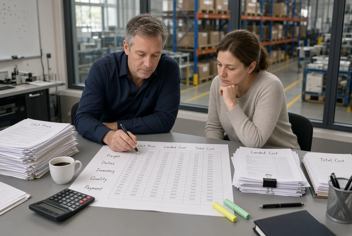 Procurement professionals in a manufacturing office review supplier quotations and a worksheet that separates unit price from landed cost and total cost, including freight, duties, inventory, and quality.