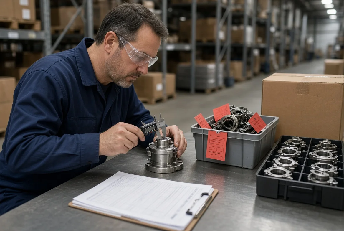 Quality inspector in a factory incoming-inspection station measures industrial parts beside test reports, material certificates, and a rejected-parts bin, showing how inspection and rework change supplier offer cost.