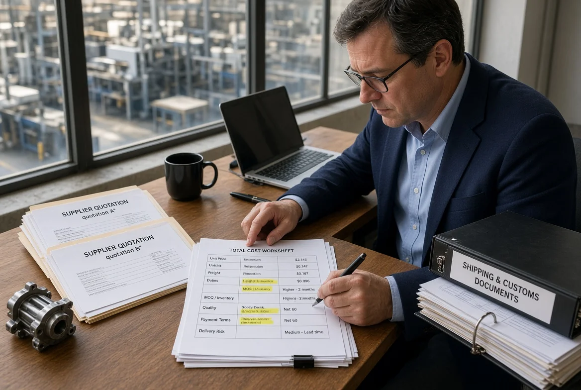 Procurement buyer at an industrial office desk completes a total-cost worksheet next to supplier quotations, covering unit price, freight, duties, MOQ, inventory, quality, payment terms, and delivery risk.